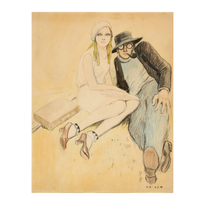 Ricard Opisso Sala (Tarragona, 1880-Barcelona, 1966) Autorretrati bien acompañado. Dibujo a acuarela y làpices de color sobre papel. Firmado.