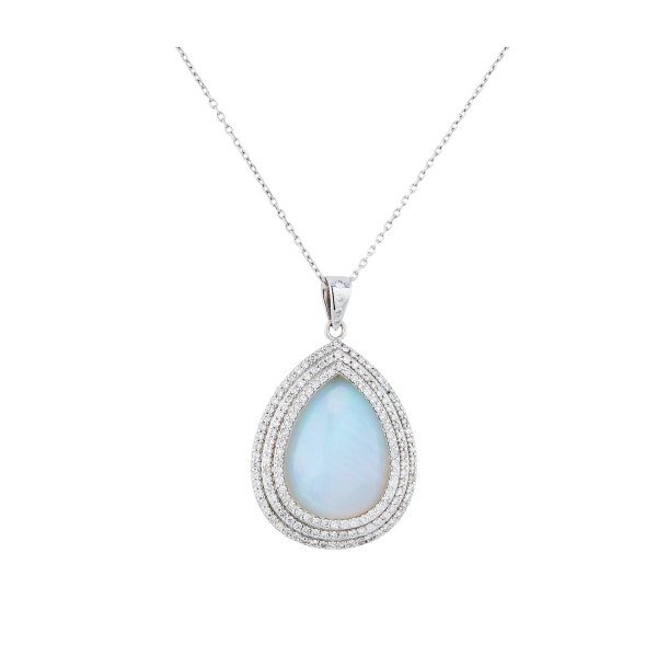 Colgante en oro blanco con cabujón de ópalo de Etiopía talla perilla orlado por tres bandas de diamantes