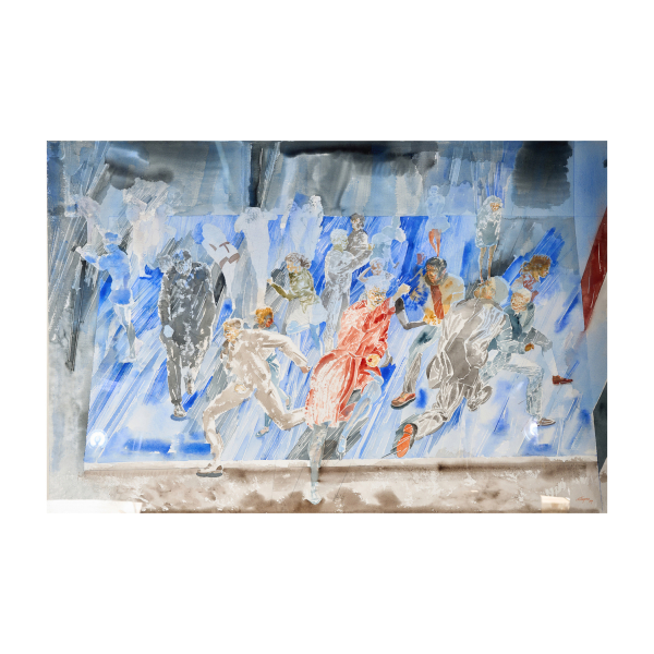 Francesc Artigau Segu&iacute; (Barcelona, 1940) Escena con personajes. T&eacute;cnica mixta y acuarela sobre papel.