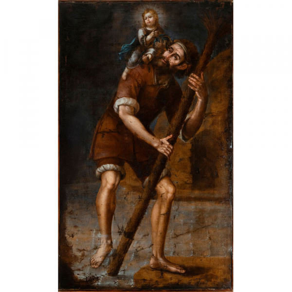 Atribuido a Diego Quispe Tito (Cuzco, Peru, 1611 - 1681) &quot;San Cristóbal y el Niño Jesús&quot;.    Óleo sobre lienzo
