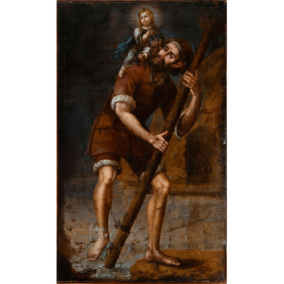 Atribuido a Diego Quispe Tito (Cuzco, Peru, 1611 - 1681) &quot;San Cristóbal y el Niño Jesús&quot;.    Óleo sobre lienzo