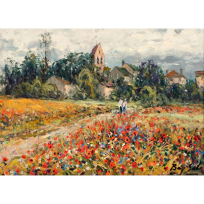 JUAN BAY&Oacute;N SALADO "BAY-SALA"  (Logro&ntilde;o 1913 - Bilbao 1995) "Vista de Fromont con personajes. Francia"