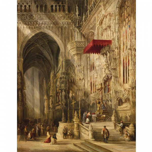 Genaro Pérez Villaamil. "Interior de catedral". Óleo sobre lienzo. Firmado en la zona inferior central.
