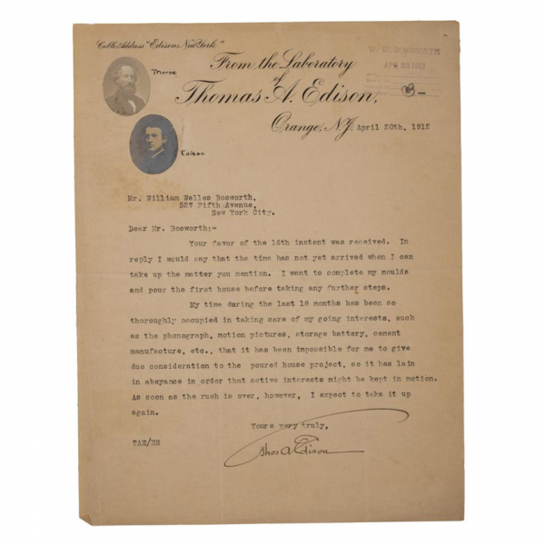 Thomas A. Edison.   Carta mecanografiada con firma aut&oacute;grafa