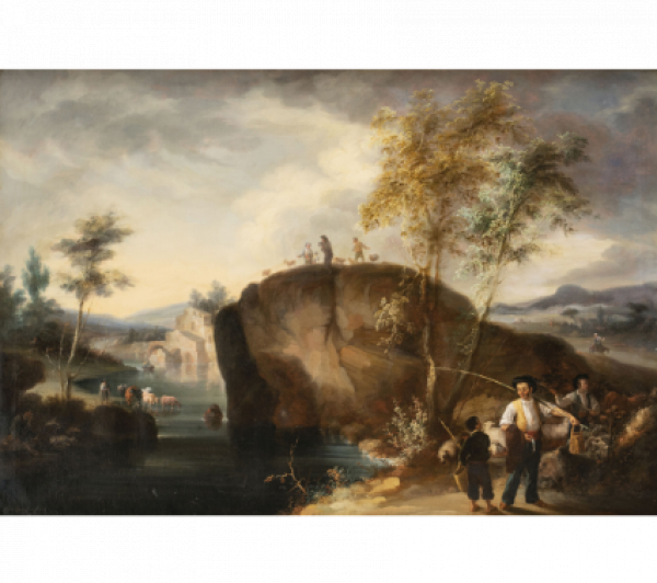 ANDRÉS CORTÉS Y AGUILAR (Sevilla, 1812- 1879)  Pescadores de río y campesinos, 1851.  Óleo sobre lienzo.