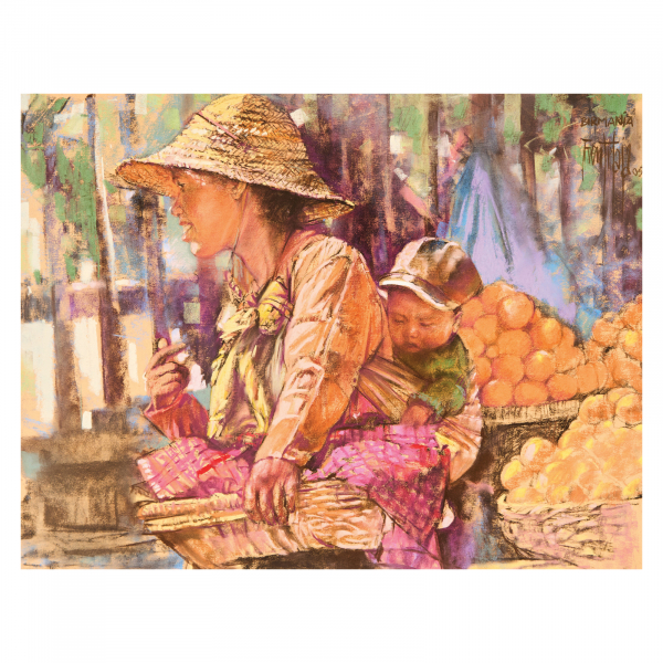 Jos&eacute; Luis Fuentetaja (Madrid, 1951) Mujer birmana en el mercado. Dibujo a pastel sobre papel.