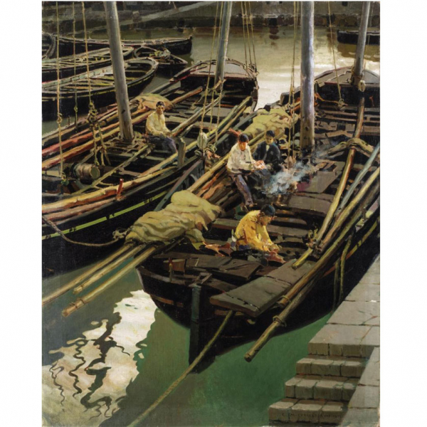 Enrique Martínez Cubells. "Lanchas pesqueras (Bermeo) (1933)". Óleo sobre lienzo. Firmado y fechado (1933) en el ángulo inferior derecho.