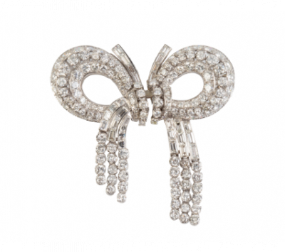 Elegante broche lazo doble clip años 50, de brillantes y baguettes con cascadas de chatones de brillantes colgantes