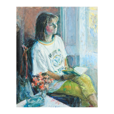 Gabino Rey Santiago (Pontevedra, 1928-Barcelona, 2006) Joven a contraluz. Óleo sobre tela. Firmado.