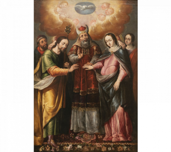JUAN CORREA (México, 1646- 1716).  Desposorios de la Virgen.   Óleo sobre lienzo.