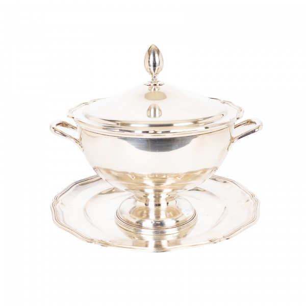 Sopera con bandeja en plata catalana con contrastes de la ciudad de Barcelona y de Domenech y Soler Cabot, s.XX.