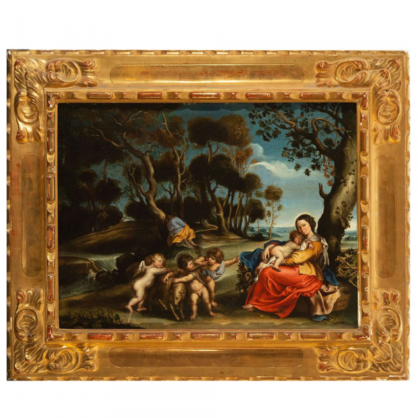 Importante "Descanso en la Huida a Egipto" de la Escuela Sevillana de Alonso Miguel de Tovar, o posiblemente italiana de Emilia, siglo XVIII.