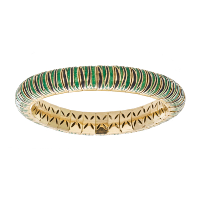 Pulsera semirrígida diseño bombé en oro con esmalte azul y verde.