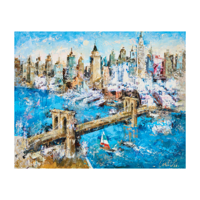 Josep Costa Vila (Granollers, Barcelona, 1953) Puente de Brooklyn. Técnica mixta y collage sobre tela. Firmado.