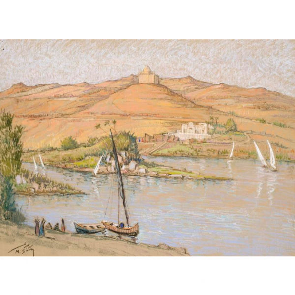 Mohammed Sabry. "El Nilo a su paso por Asuan". Dibujo a pastel sobre papel. Firmado