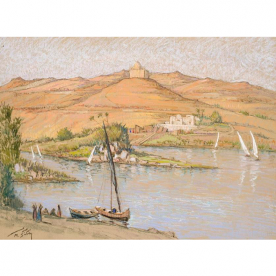 Mohammed Sabry. "El Nilo a su paso por Asuan". Dibujo a pastel sobre papel. Firmado