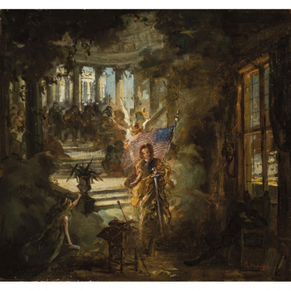 Félix Resurrección Hidalgo  (1855 - 1913).   "Alegoría de la Justicia de los Estados Unidos". Óleo sobre lienzo. 