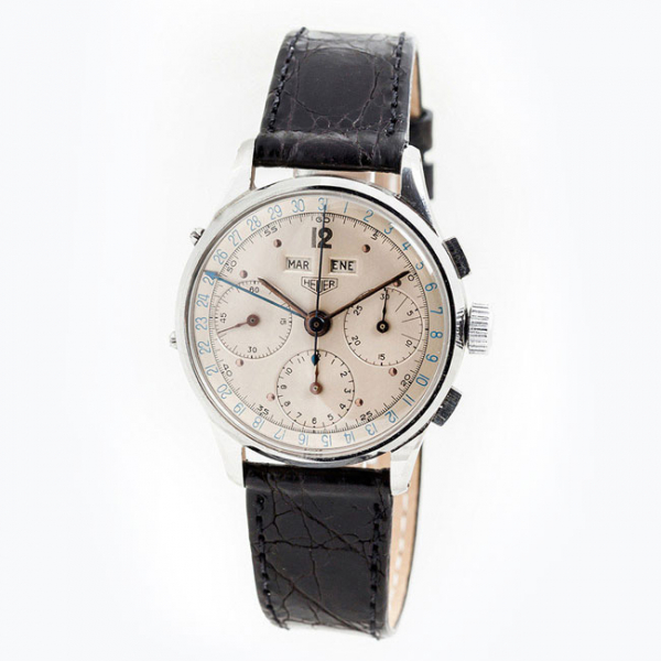 Reloj cron&oacute;grafo vintage, cab., suizo HEUER, triple calendario (mes, d&iacute;a del mes y d&iacute;a de la semana), en caja original de acero 