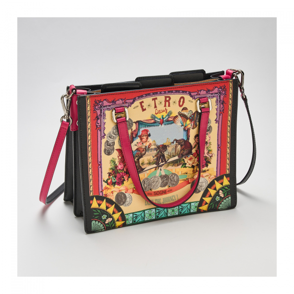 ETRO. Bolso de mano modelo «Circus» con estampado exterior de motivos ciscenses en lona e interior en ante de tonalidad ocre.