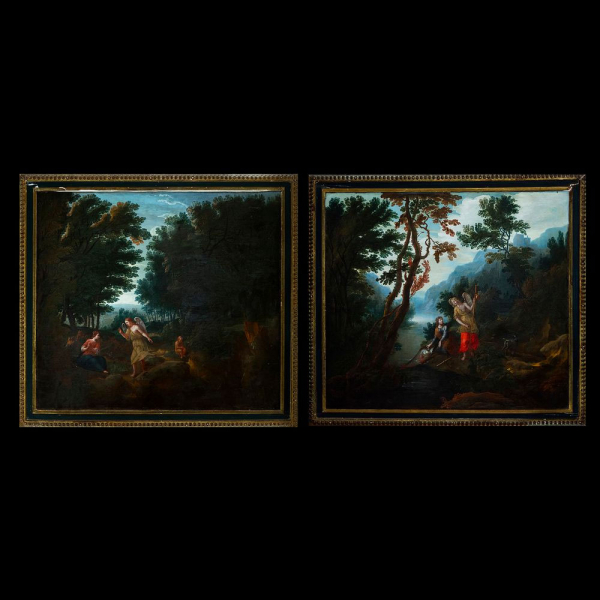Escuela Flamenca del Siglo XVII - Pareja de escenas religiosas  "Agar e Ismael en el desierto" y "Tobias con el arcángel San Rafael". Óleo sobre cobre