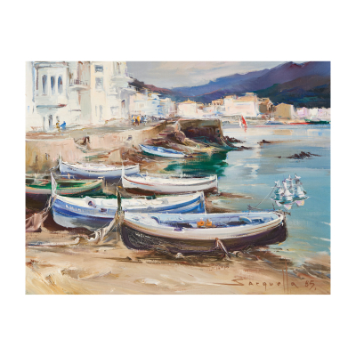 Josep Sarquella Escobet (Llagostera, Girona, 1928-Barcelona, 2000) Barcas en Calella de Palafrugell. &Oacute;leo sobre tela. Firmado y fechado en 1985.