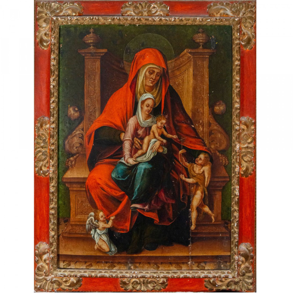 "Virgen con el Niño y Santa Ana" Escuela Italiana, Siglo XV-XVI.   Óleo sobre tabla. 