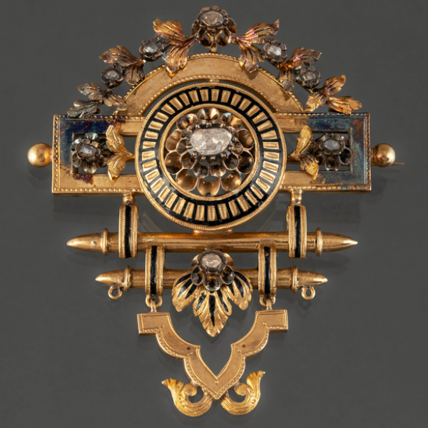 Broche Isabelino en oro amarillo de 18 kt con brillantes talla antigua del siglo XIX
