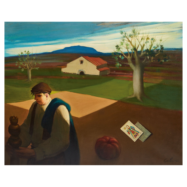 Ram&oacute;n Calsina Bar&oacute; (Barcelona, 1901-1992) Paisaje con naipes. &Oacute;leo sobre tela. Firmado.
