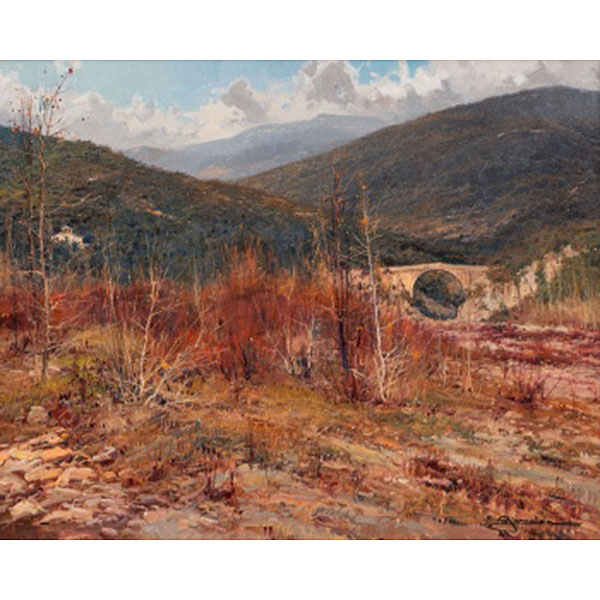 ELIAS GARRALDA ALZUGARAY   (Lesaca, Navarra 1926 - 2012)  "El Llierca en invierno. Gerona"  Firmado: E. Garralda  Óleo / Lienzo 