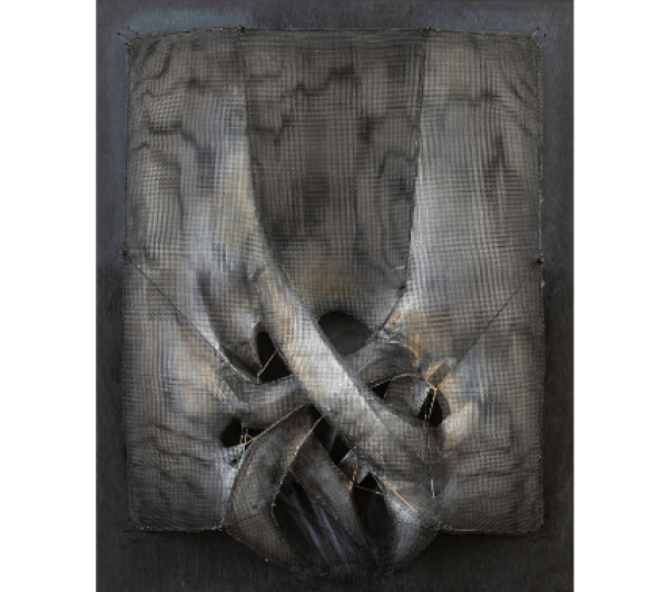 MANUEL RIVERA (Granada, 1927 - Madrid, 1995)  Saeta n&ordm;1, 1991.   T&eacute;cnica mixta (tela met&aacute;lica, alambre, metal y &oacute;leo) sobre madera. 