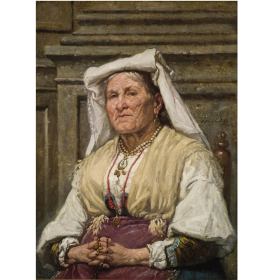 Francisco Pradilla Ortiz. "Anciana napolitana (1901)". &Oacute;leo sobre lienzo. Firmado en el lateral derecho.