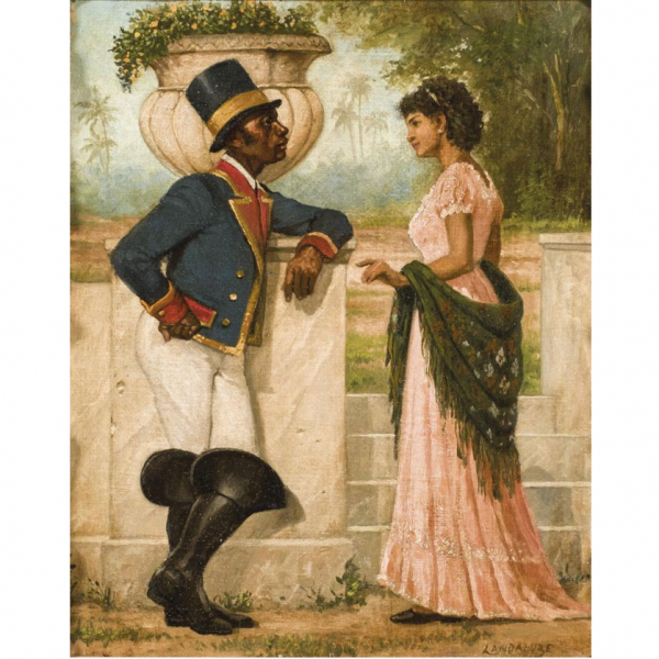 Victor Patricio Landaluze. "Calesero y joven mestiza". Óleo sobre lienzo. Firmado en el ángulo inferior derecho.