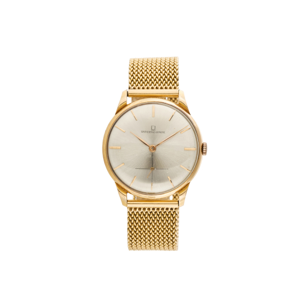 Reloj Universal Geneve de pulsera para caballero. En oro, c.1960. Esfera satinada con numeración a trazos aplicados.