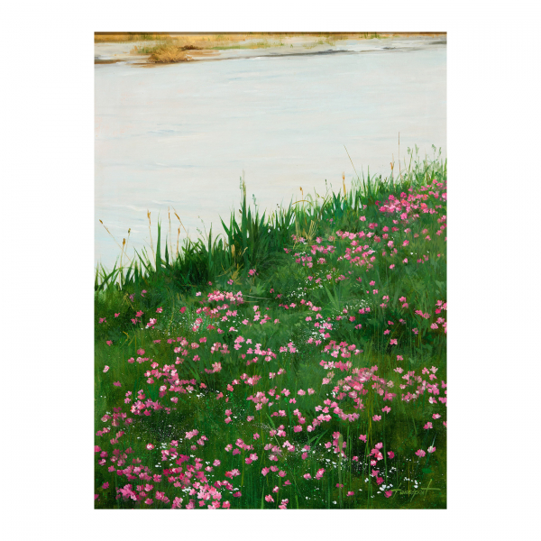 Enric Torres Prat (Barcelona, 1940)  Paisaje fluvial con flores.  Óleo sobre tela. Firmado. 