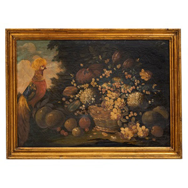 Escuela Europea  (S. XIX) "Bodegón de cesta de flores y faisán"