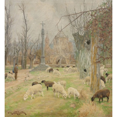 JOSÉ  MARTÍN ESTEVEZ  (San Silvestre de Guzmán 1899 - Madrid 1979) &quot;Pastor con ovejas y Monasterio de Veruela&quot;