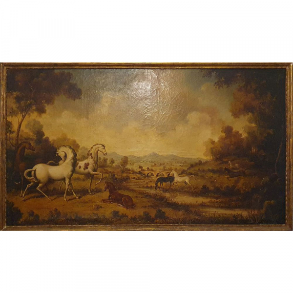 Decorativo y Monumental Óleo sobre Lienzo de "Caballos Rampantes". Atribuido / Manera de George Stubbs (Liverpool 1724 - Londres el 10 de julio de 1806). 