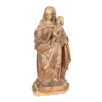 Escuela espa&ntilde;ola, s.XVII.  Virgen con el Ni&ntilde;o.  Escultura en madera tallada. 