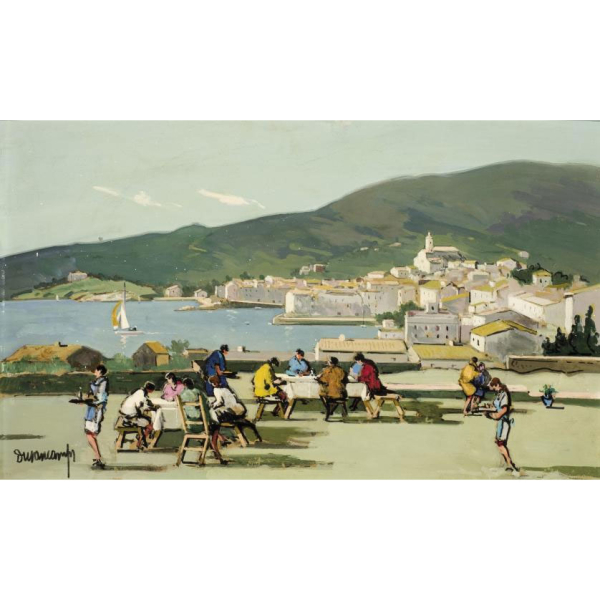 Rafael Durancamps. "Almuerzo en Cadaqu&eacute;s". &Oacute;leo sobre tablex. Firmado en el &aacute;ngulo inferior izquierdo.