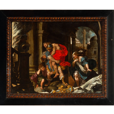 &quot;El Incendio del Borgo&quot;, escuela Italiana del siglo XVII, gran óleo sobre lienzo.