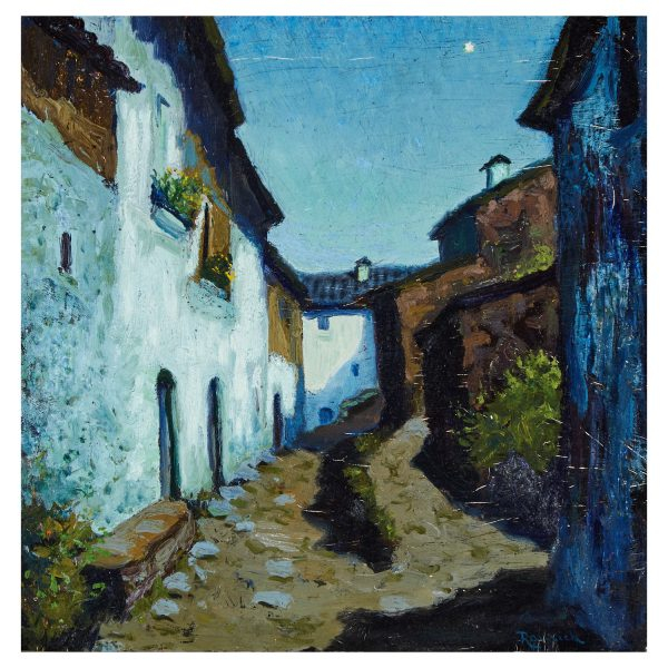 Nicolau Raurich Petre (Barcelona, 1871-1945) Paisaje rural nocturno. &Oacute;leo sobre tela.