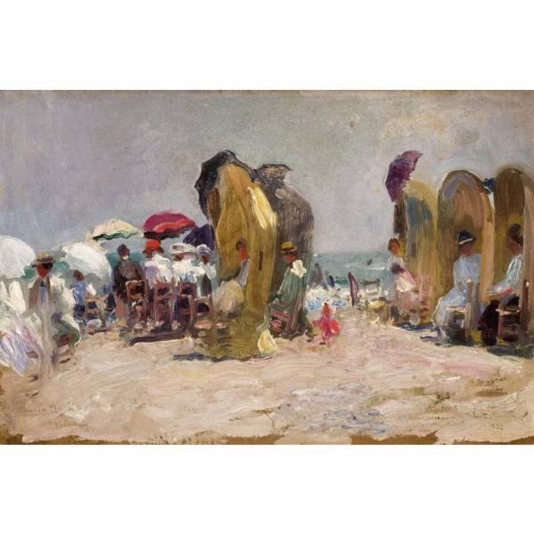Cecilio Plá y Gallardo. "Día en la playa de Valencia (1922)". Óleo sobre cartón. Firmado y localizado (Valencia) 