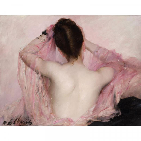 Alphonsine de Challié. "Jeune femme brune à sa toilette au voile rose. Circa 1900". Óleo sobre lienzo. Firmado 