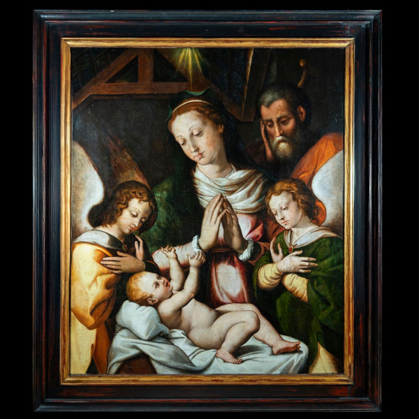 Atribuido a Fray Bernardo Bitti (Italia, 1548 ​​- Lima, Virreinato de Perú 1610). Excepcional "Sagrada Familia" en óleo sobre lienzo.