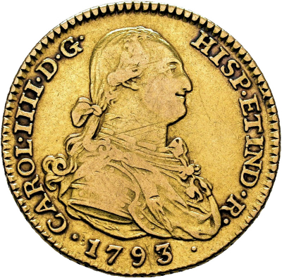 Moneda 1793 Carlos-IV Madrid MF 2 Escudos M.B.C.