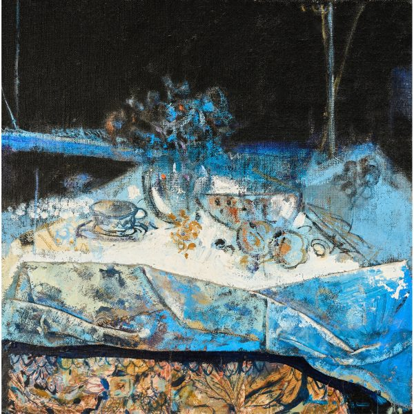 Amador (Pollen&ccedil;a, Mallorca, 1957)  Bodeg&oacute;n en azul.  T&eacute;cnica mixta y collage sobre tela de arpillera. Firmado 