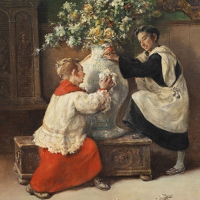 EDUARDO SÁNCHEZ SOLÁ  (Madrid 1869 - Granada 1949) &quot;Monaguillos jugando con jarrón de flores&quot;