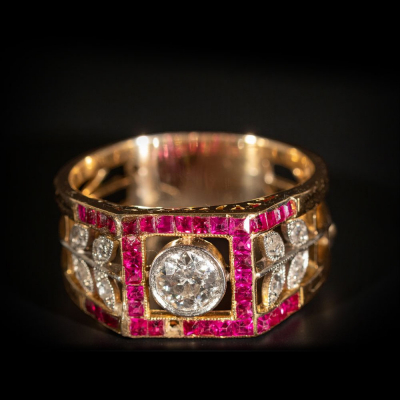 Anillo Modernista años 1900 de caballero en oro de 18K con diamante central de 0.96ct, finales del siglo XIX. 