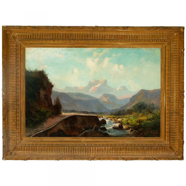 Carlos de Haes "Paisaje de alta monta&ntilde;a con camino y arroyo". Escuela Espa&ntilde;ola del siglo XIX. Firmado.   