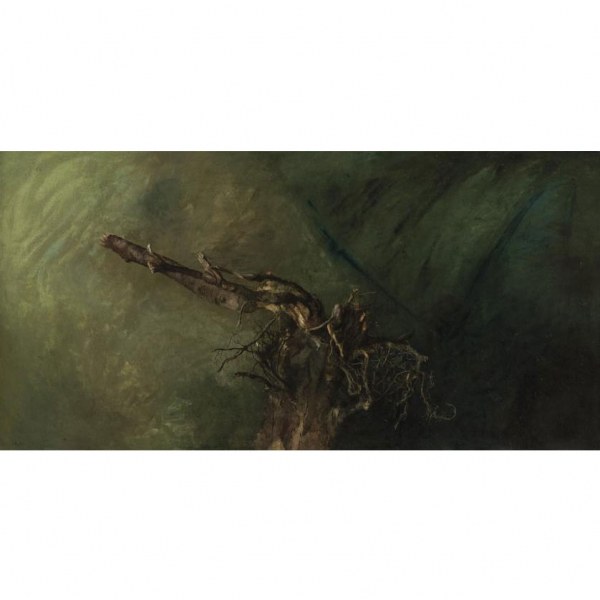 Daniel Quintero.   "Tríptico de las tres raíces (1974-1975)". Tríptico. Óleo sobre lienzo adherido a tabla. Firmado y fechado (74-75) en el ángulo inferior izquierdo.